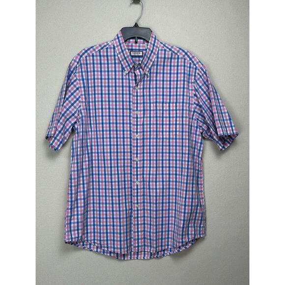 IZOD Mens Sz L Short Sleeve Button Down Shirt Blue Pink White Plaid 100% Cotton - Picture 1 of 11